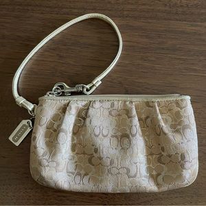 Coach Gold and Silver Metallic Signature Tan Canvas Wristlet - Purple Lining